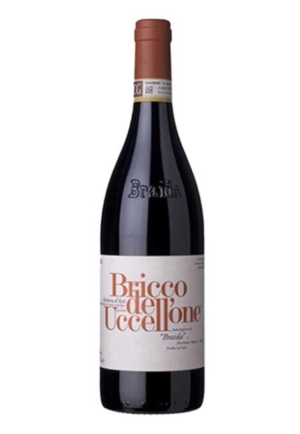 Bottiglia di Bricco dell'Uccellone 2018, iconico Barbera d'Asti DOCG prodotto dalla cantina Braida.
