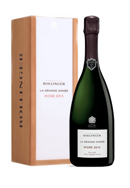 Bottiglia di Champagne Brut Rosé La Grande Année 2014 Bollinger in cassetta di legno