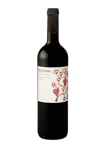 Bottiglia di vino rosso Montevetrano Campania con etichetta illustrata