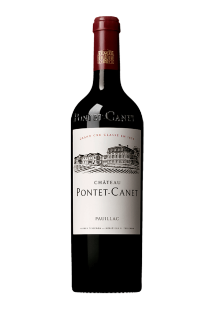 etichetta Veduta di Château Pontet-Canet, vigneti e cantina a Pauillac